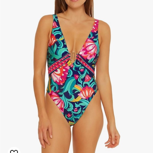 Trina Turk Women's Standard India Garden Plunge Neck Sz 12 Tropical - Picture 1 of 3